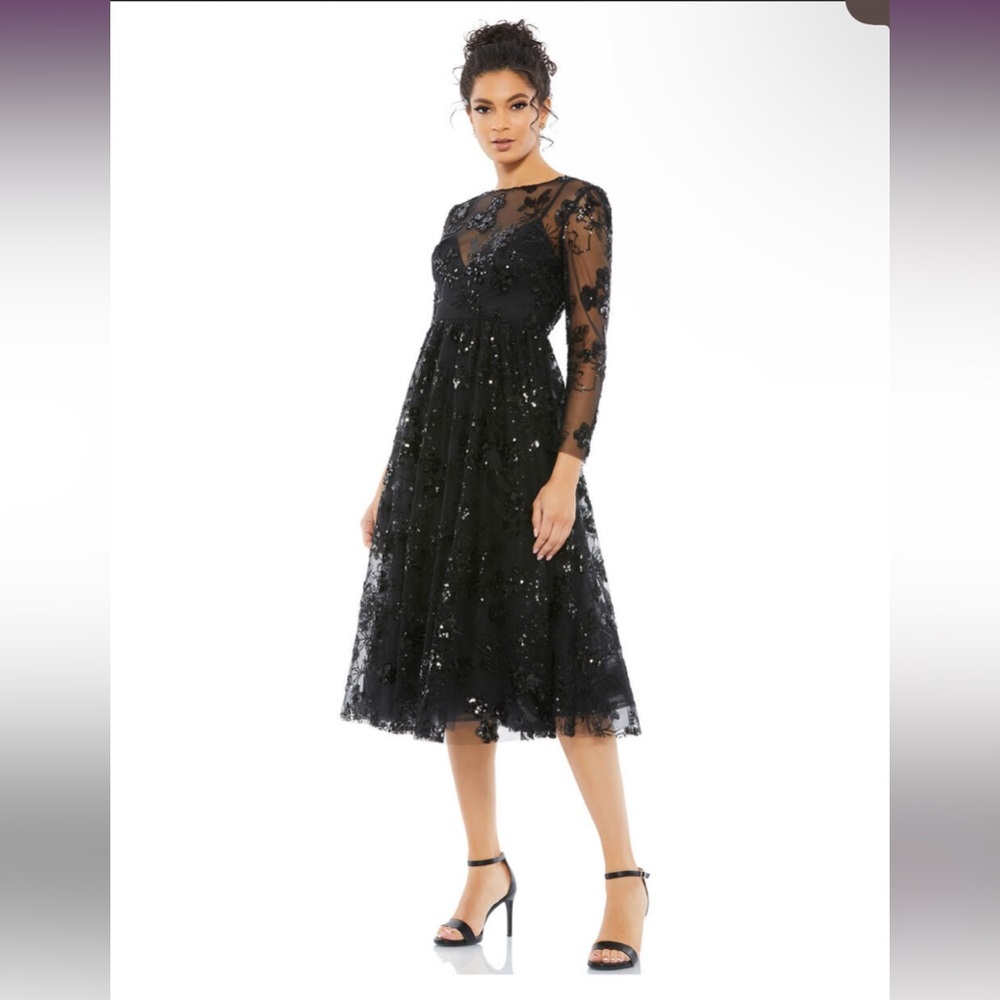 NWT Mac Duggal Elegant Black Illusion Lace Cocktail Dress